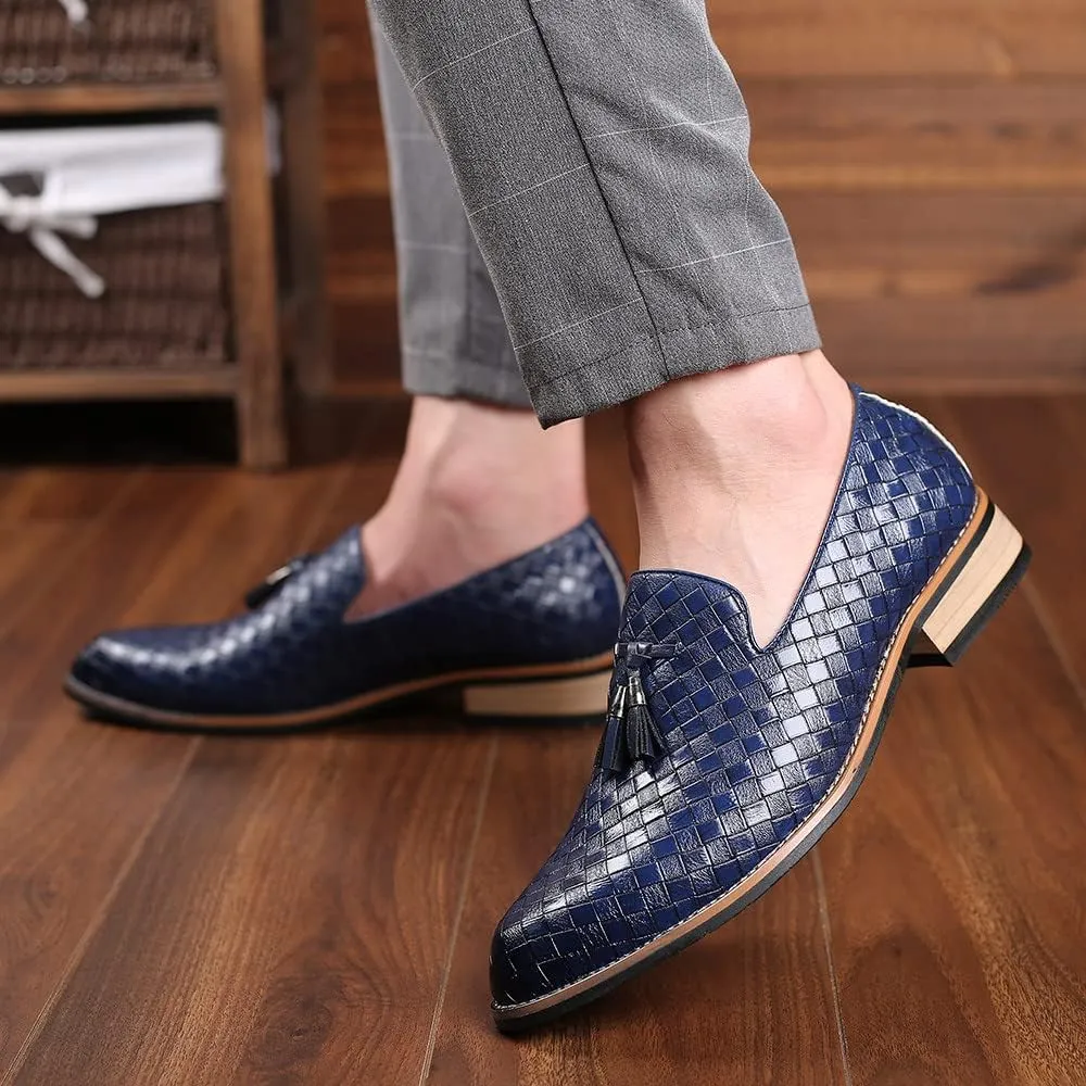 Santimon Men's Woven Tassel Smoking Loafers Classic Leather Business Foraml Dress Office Casual Slip On Vintage Brogue Shoes