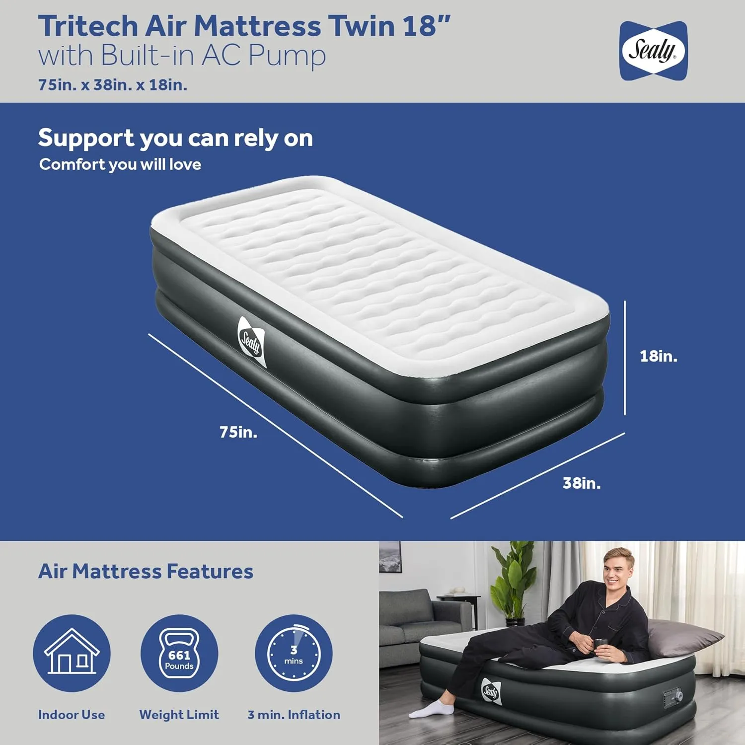 Sealy Tritech 18" Inflatable Air Mattress Bed with Built-in Pump, Storage Bag, and Repair Patch, for Indoor and Outdoor Use, Twin