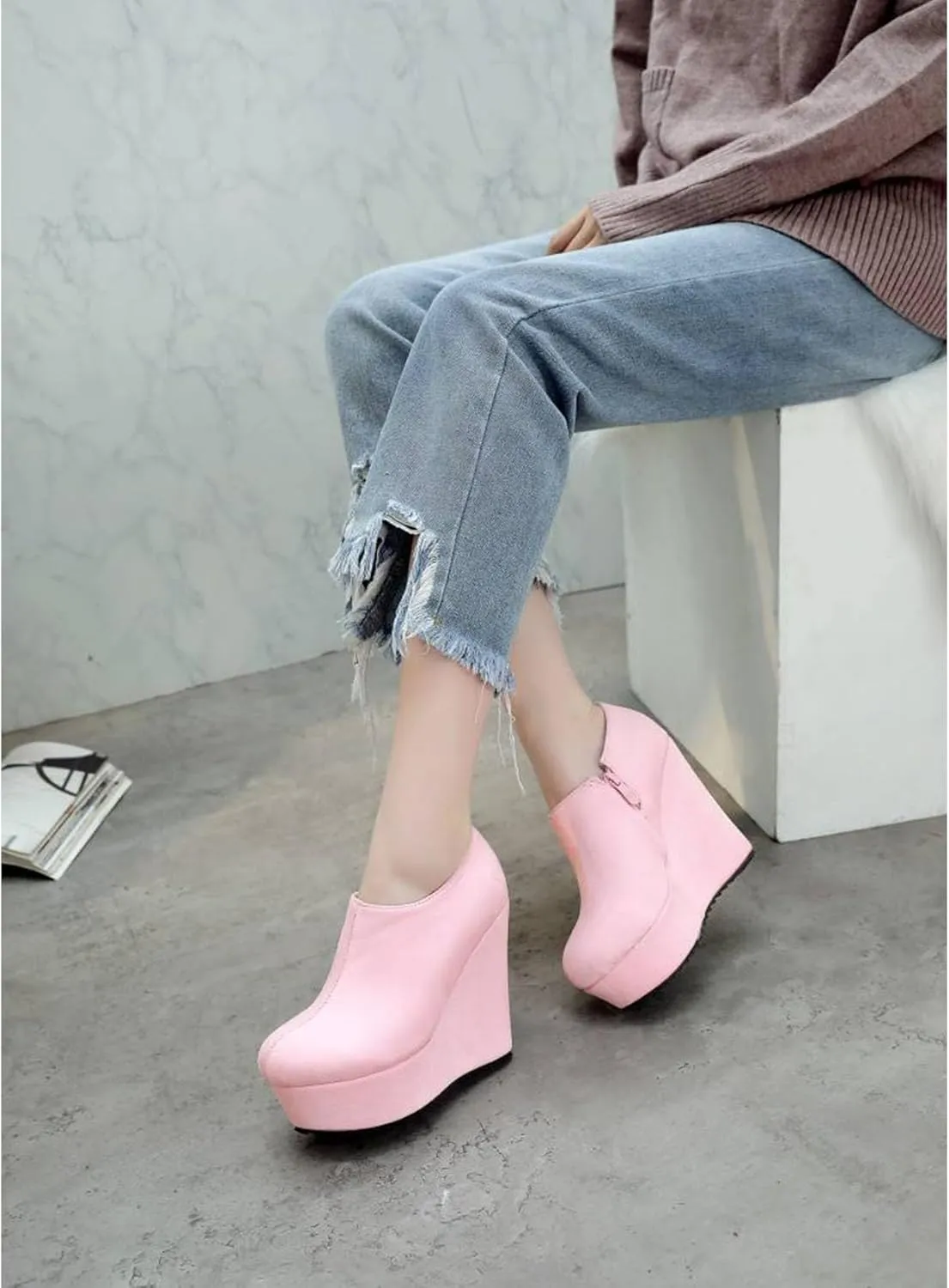 SHEMEE Women's Wedge Heels Ankle Boots High Heeled Platform Pumps Round Toe Zip Up Short Booties Office Party Dress Shoes