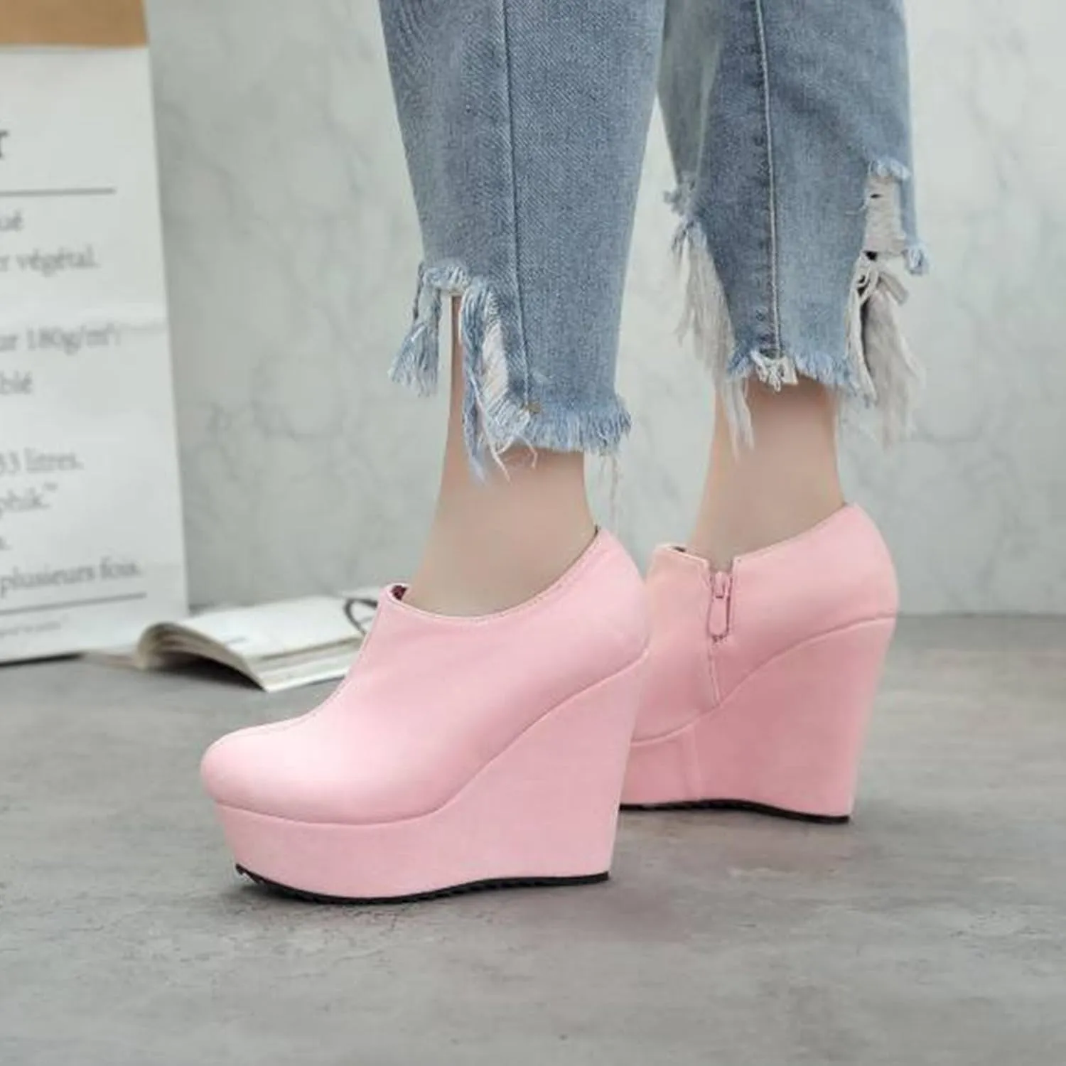 SHEMEE Women's Wedge Heels Ankle Boots High Heeled Platform Pumps Round Toe Zip Up Short Booties Office Party Dress Shoes