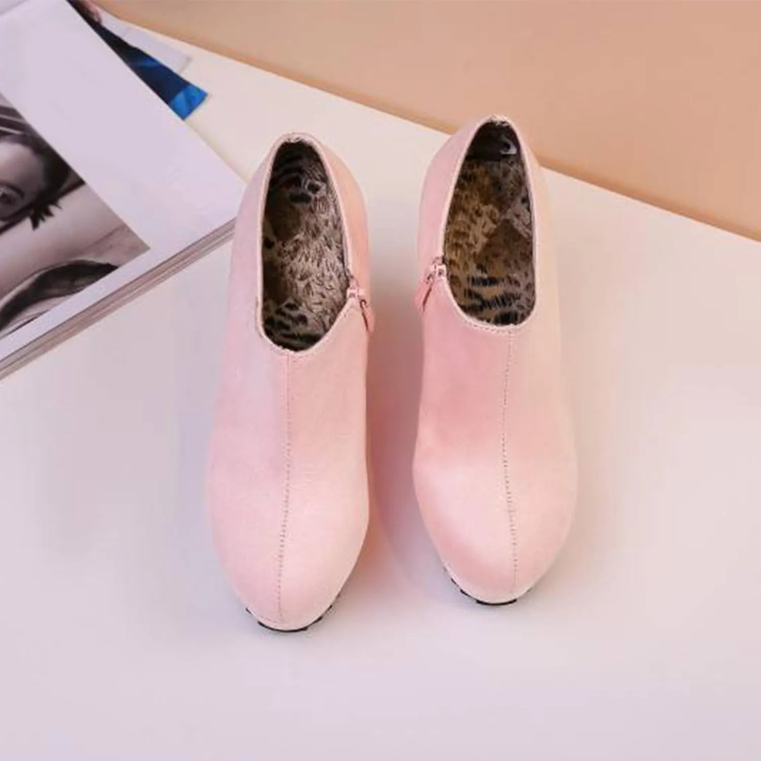 SHEMEE Women's Wedge Heels Ankle Boots High Heeled Platform Pumps Round Toe Zip Up Short Booties Office Party Dress Shoes