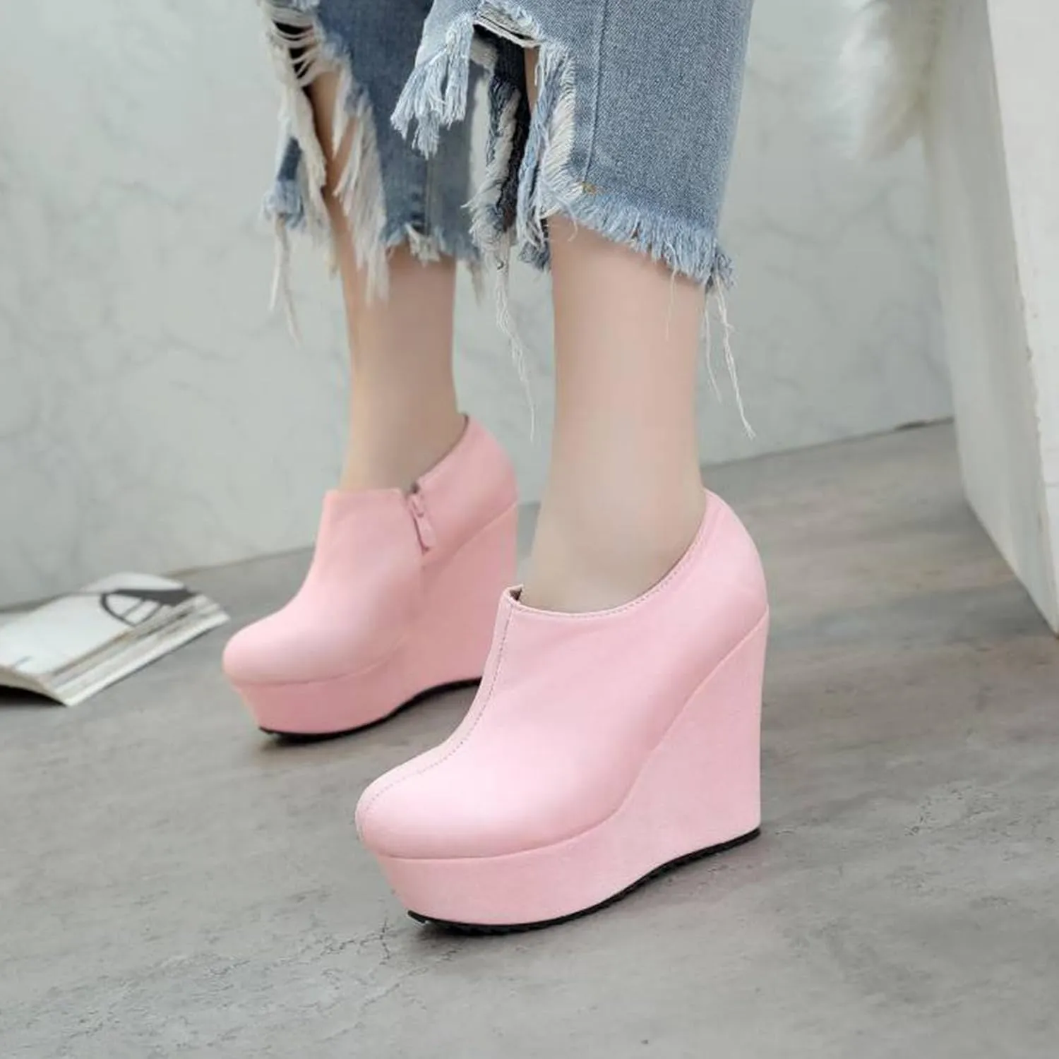 SHEMEE Women's Wedge Heels Ankle Boots High Heeled Platform Pumps Round Toe Zip Up Short Booties Office Party Dress Shoes