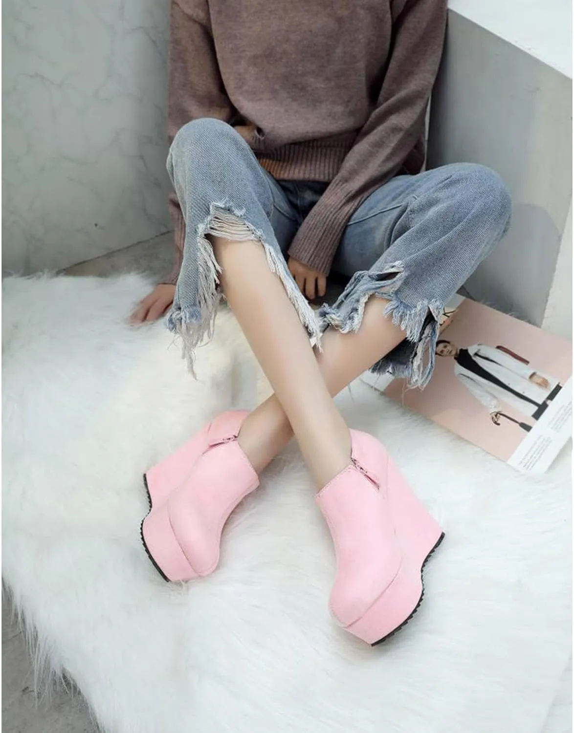 SHEMEE Women's Wedge Heels Ankle Boots High Heeled Platform Pumps Round Toe Zip Up Short Booties Office Party Dress Shoes