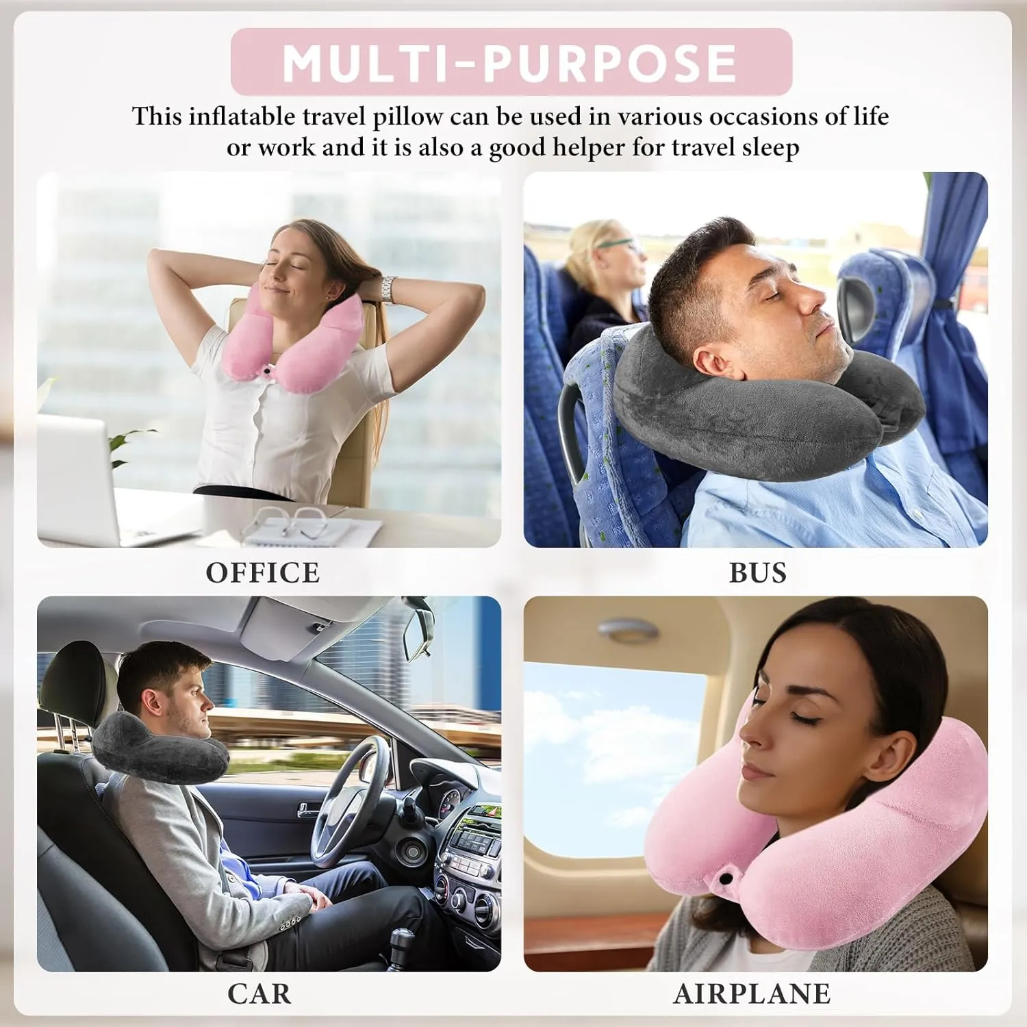 Sintuff 2 Pack Inflatable Travel Pillow for Airplanes Inflatable Neck Flight Pillows with Compact Bag and Blindfold for Traveling, Airplane, Train, Car, Office(Dark Gray and Light Pink)