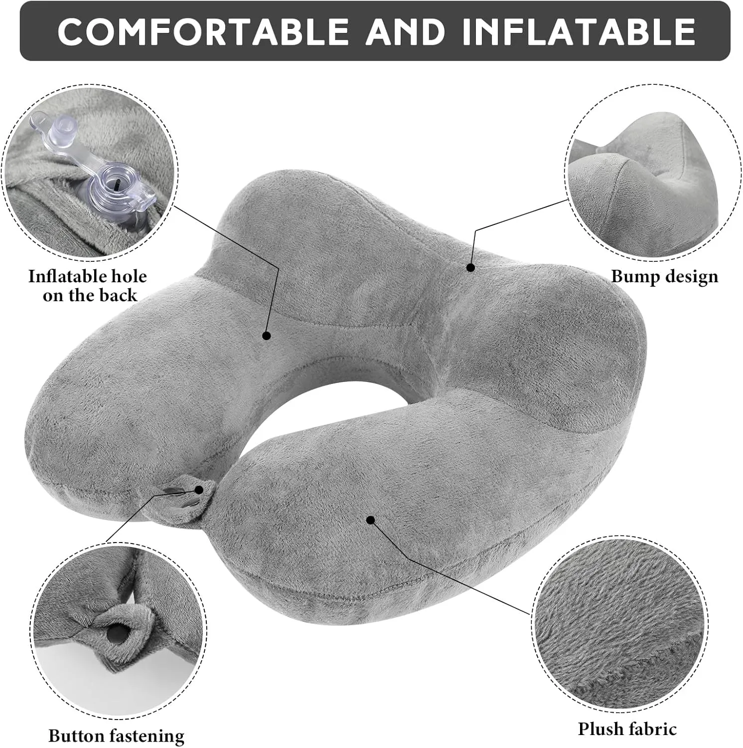 Sintuff 2 Pack Inflatable Travel Pillow for Airplanes Inflatable Neck Flight Pillows with Compact Bag and Blindfold for Traveling, Airplane, Train, Car, Office(Gray)