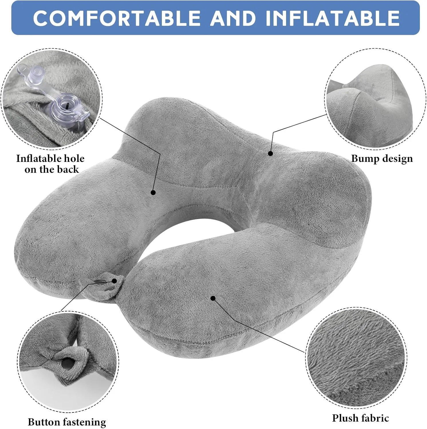 Sintuff 2 Pack Inflatable Travel Pillow for Airplanes Inflatable Neck Flight Pillows with Compact Bag and Blindfold for Traveling, Airplane, Train, Car, Office(Light Gray and Sky Blue)