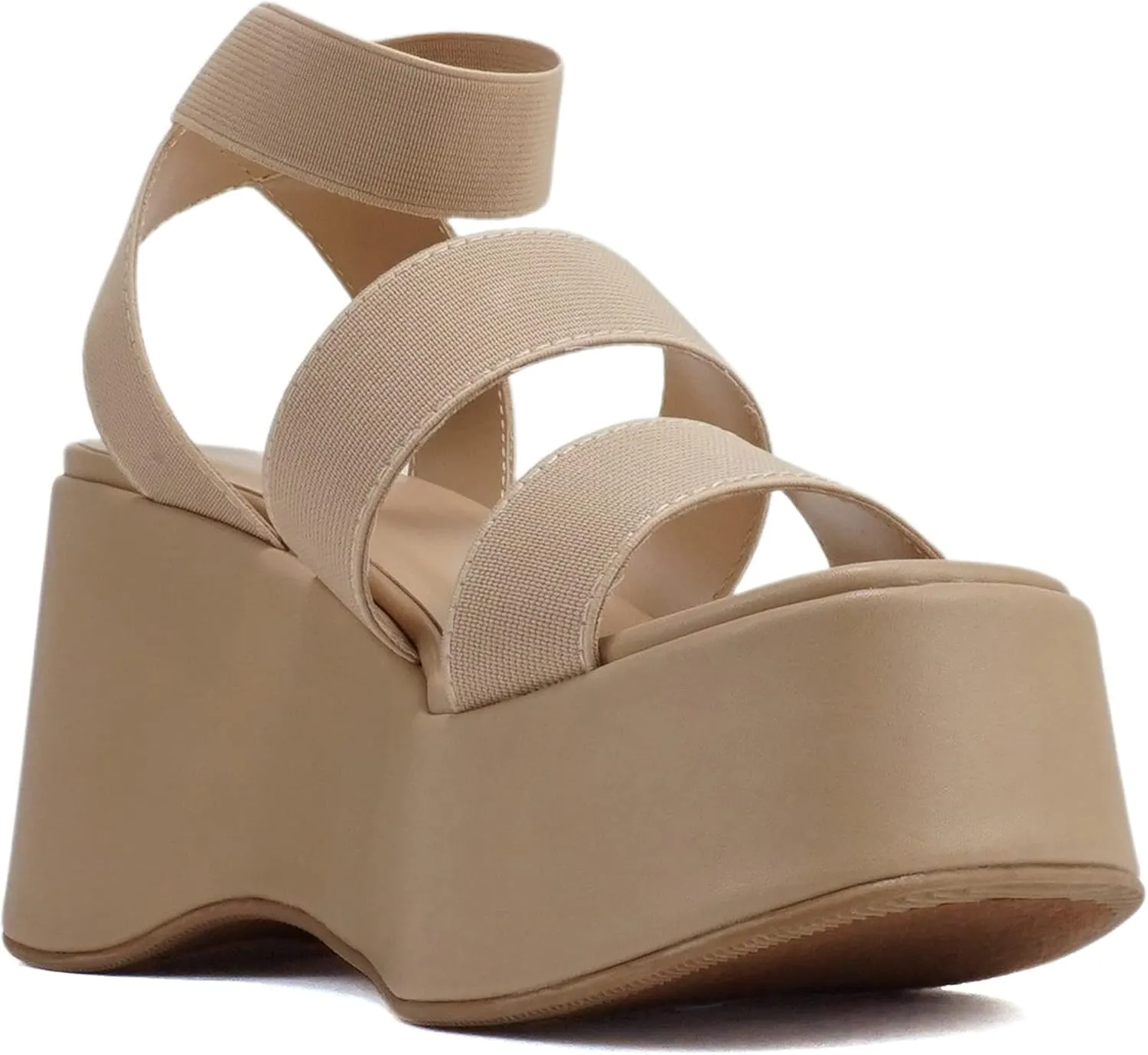 Soda “CONEY” ~ Women Open Square Toe Platform Flatform Double Elastic Band Ankle Strap Wedge Sandal