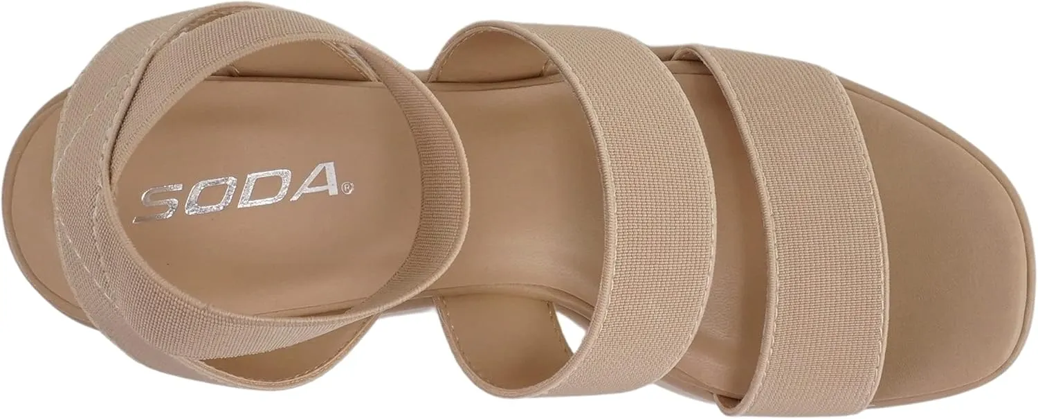 Soda “CONEY” ~ Women Open Square Toe Platform Flatform Double Elastic Band Ankle Strap Wedge Sandal