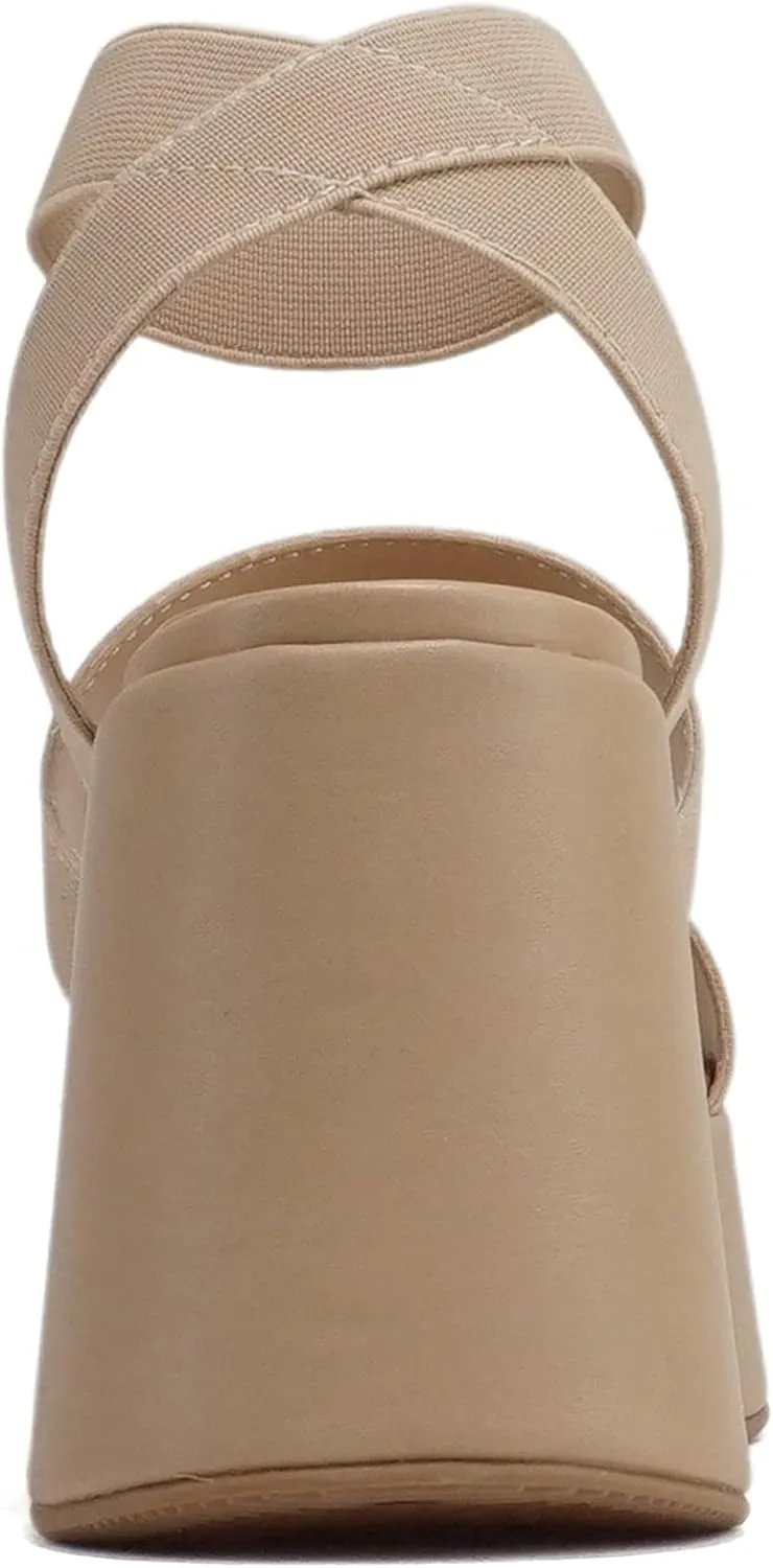 Soda “CONEY” ~ Women Open Square Toe Platform Flatform Double Elastic Band Ankle Strap Wedge Sandal