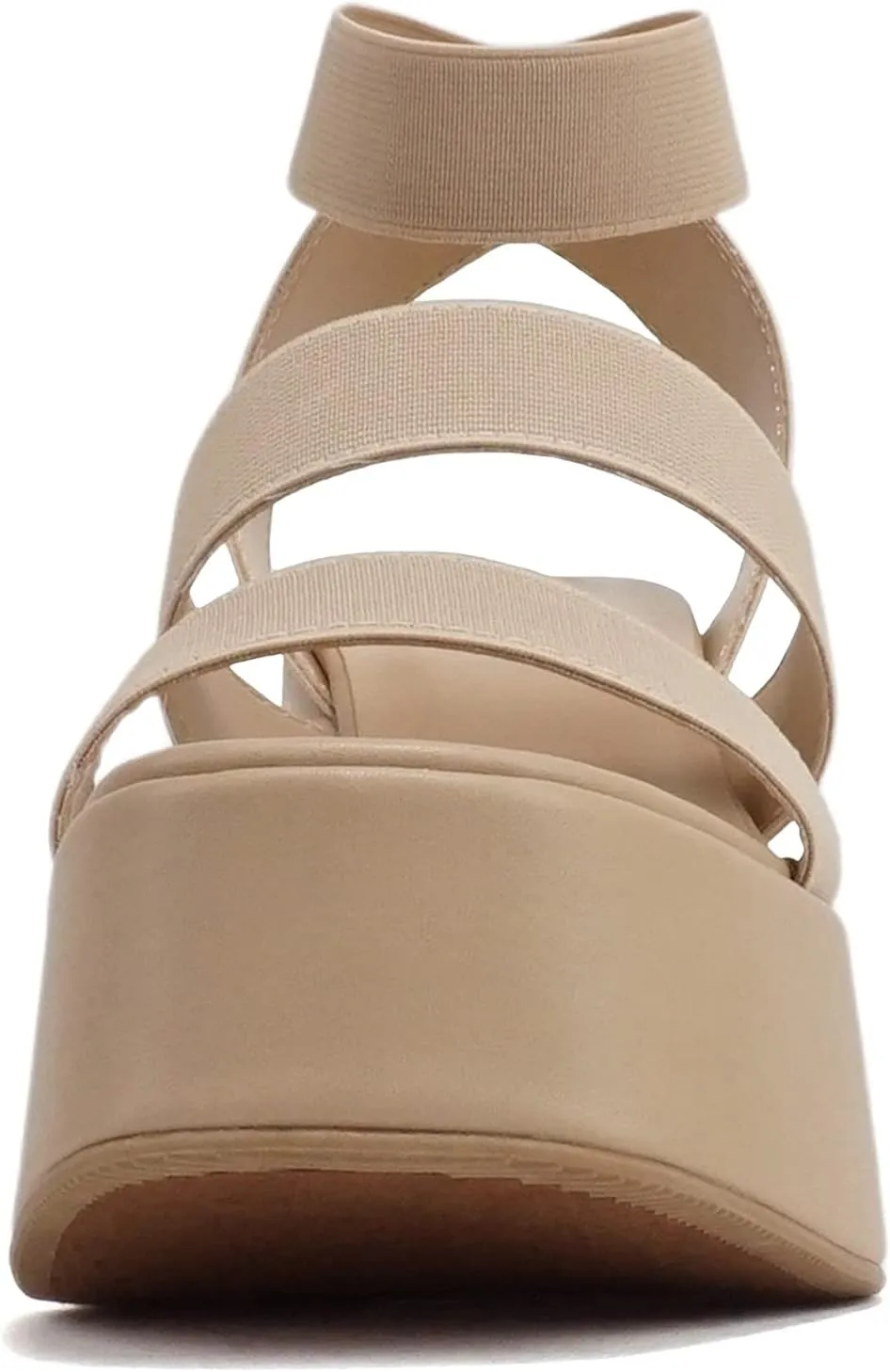 Soda “CONEY” ~ Women Open Square Toe Platform Flatform Double Elastic Band Ankle Strap Wedge Sandal