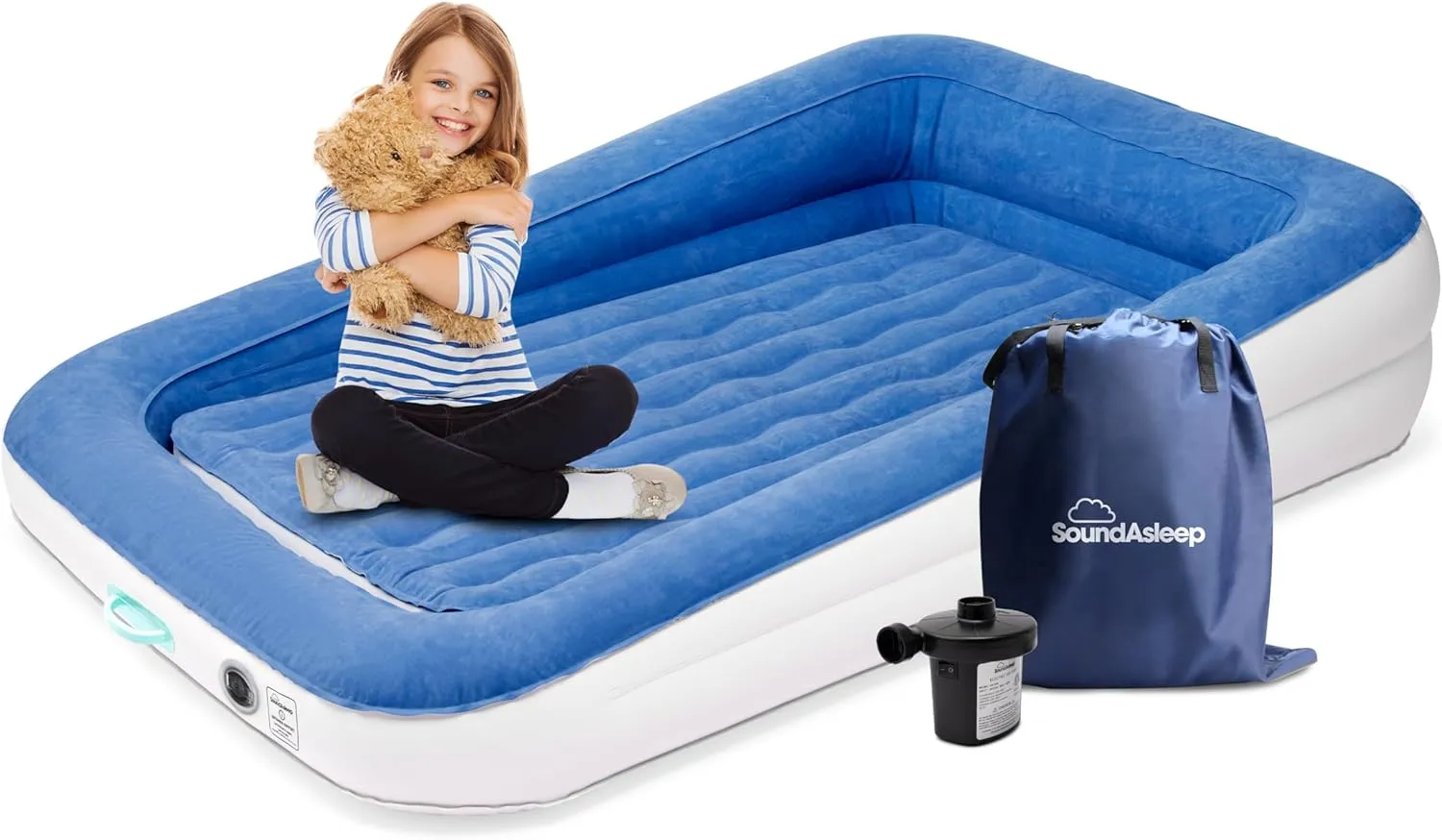 SoundAsleep Dream Series Kids Air Mattress with High Speed External Pump - Extra Tall Safety Bumpers - Portable, Toddler Blow up Bed for Kids - Inflatable Toddler Air Mattress for Home and Camping