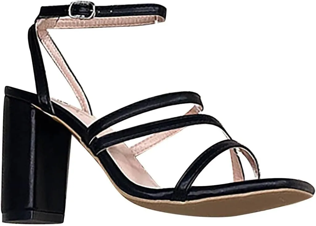 Square Toe Crossband Chunky Heels Ankle Strap Wedding Guest Pump Sandals