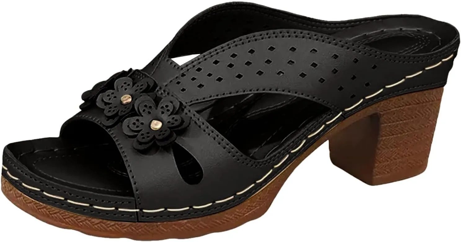 SuanlaTDS Chunky Block Heels Sandals for Women Comfortable 2025 Flower Open Toe Arch Support High Heel Platform Slip-on Slide Slippers Summer Backless Mules Walking Shoes For Party Beach Vacation