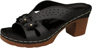 SuanlaTDS Chunky Block Heels Sandals for Women Comfortable 2025 Flower Open Toe Arch Support High Heel Platform Slip-on Slide Slippers Summer Backless Mules Walking Shoes For Party Beach Vacation