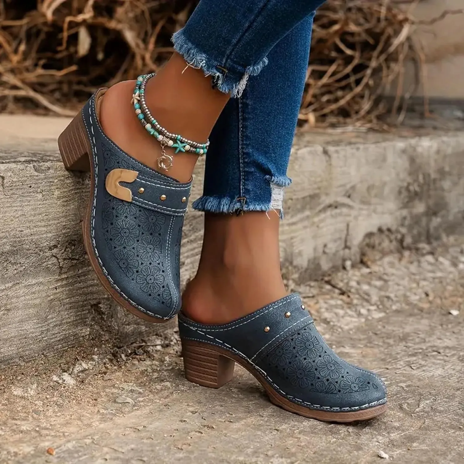 SuanlaTDS Chunky Heeled Sandals for Womens Bohemian 2025 Summer Hollow Out Closed Toe Clogs Block High Heel Platform Comfortable Backless Slip-on Slides Dressy Beach Shoes Dress Heels Sandal
