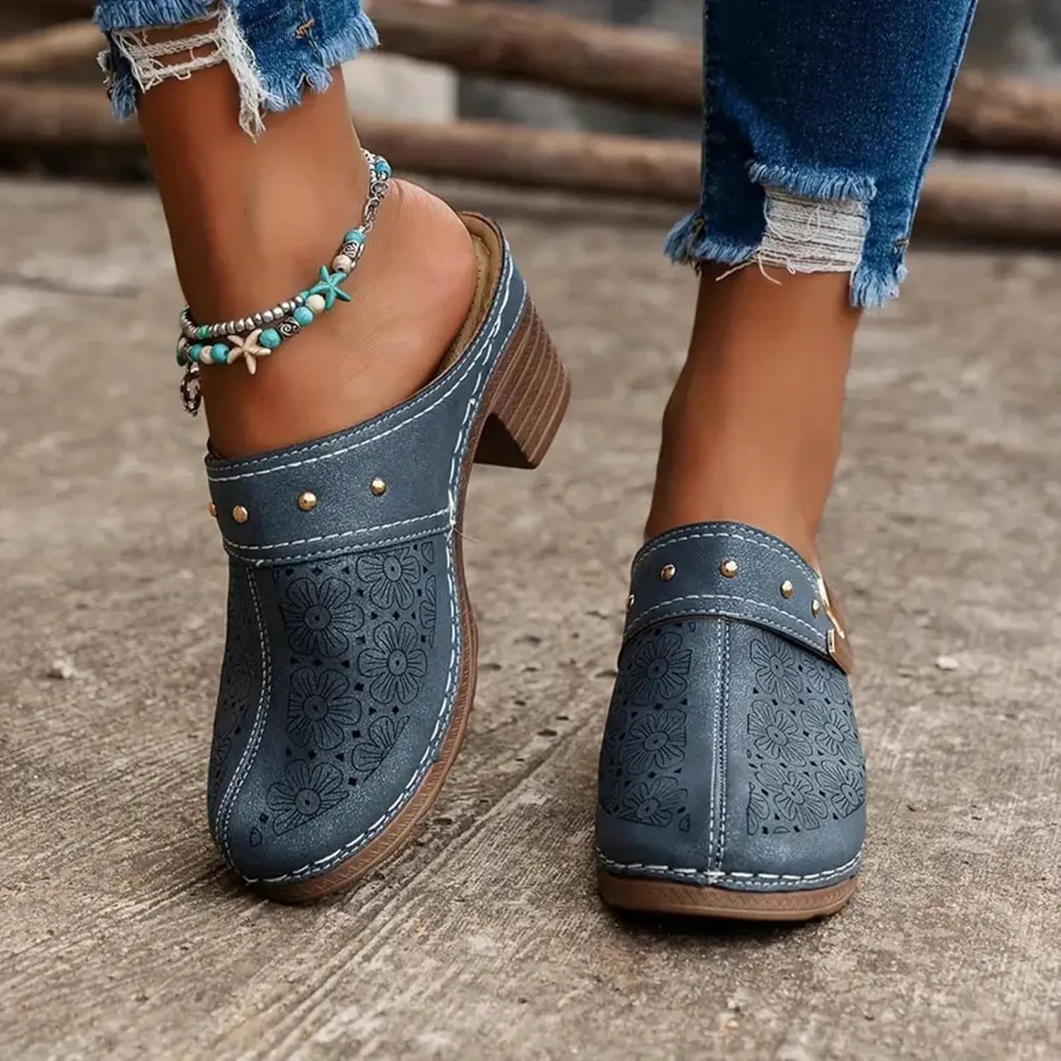 SuanlaTDS Chunky Heeled Sandals for Womens Bohemian 2025 Summer Hollow Out Closed Toe Clogs Block High Heel Platform Comfortable Backless Slip-on Slides Dressy Beach Shoes Dress Heels Sandal