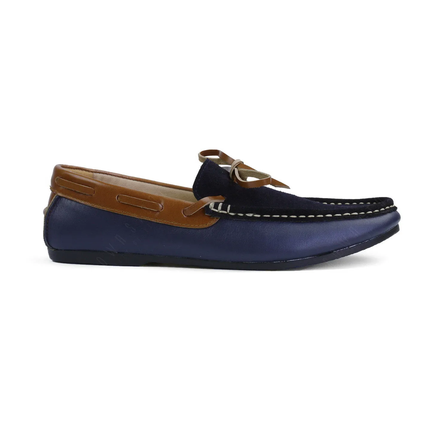 Suede Flip Lace Leather Loafer Navy Beige