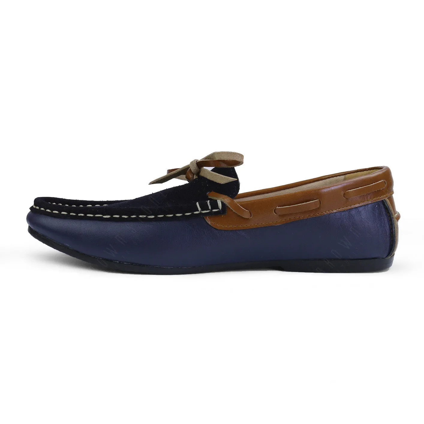 Suede Flip Lace Leather Loafer Navy Beige