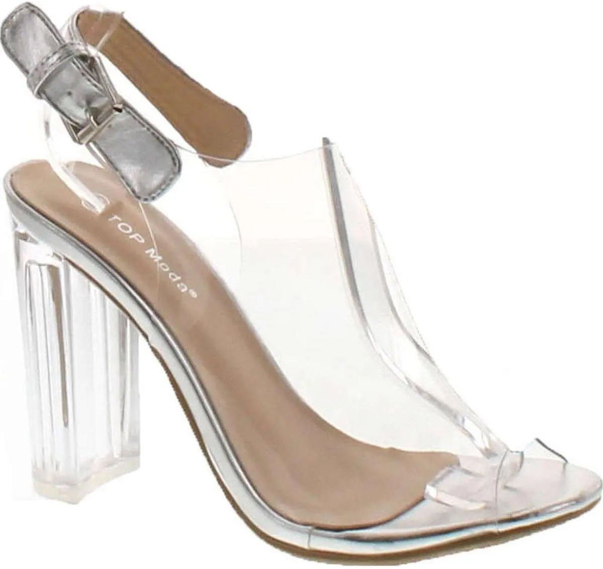 TOP Moda Women's Fenton-1 Lucite Clear Strappy Block Chunky High Heel Open Peep Toe Sandal,Silver,6