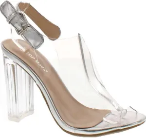 TOP Moda Women's Fenton-1 Lucite Clear Strappy Block Chunky High Heel Open Peep Toe Sandal,Silver,6