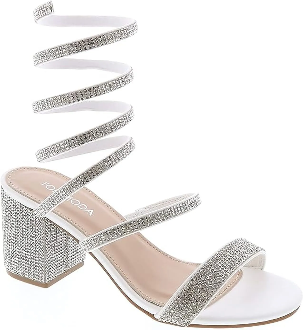 TOP Moda Women's Rhinestone Strappy Spiral Ankle Strap Low Chunky Block Heel Sandals