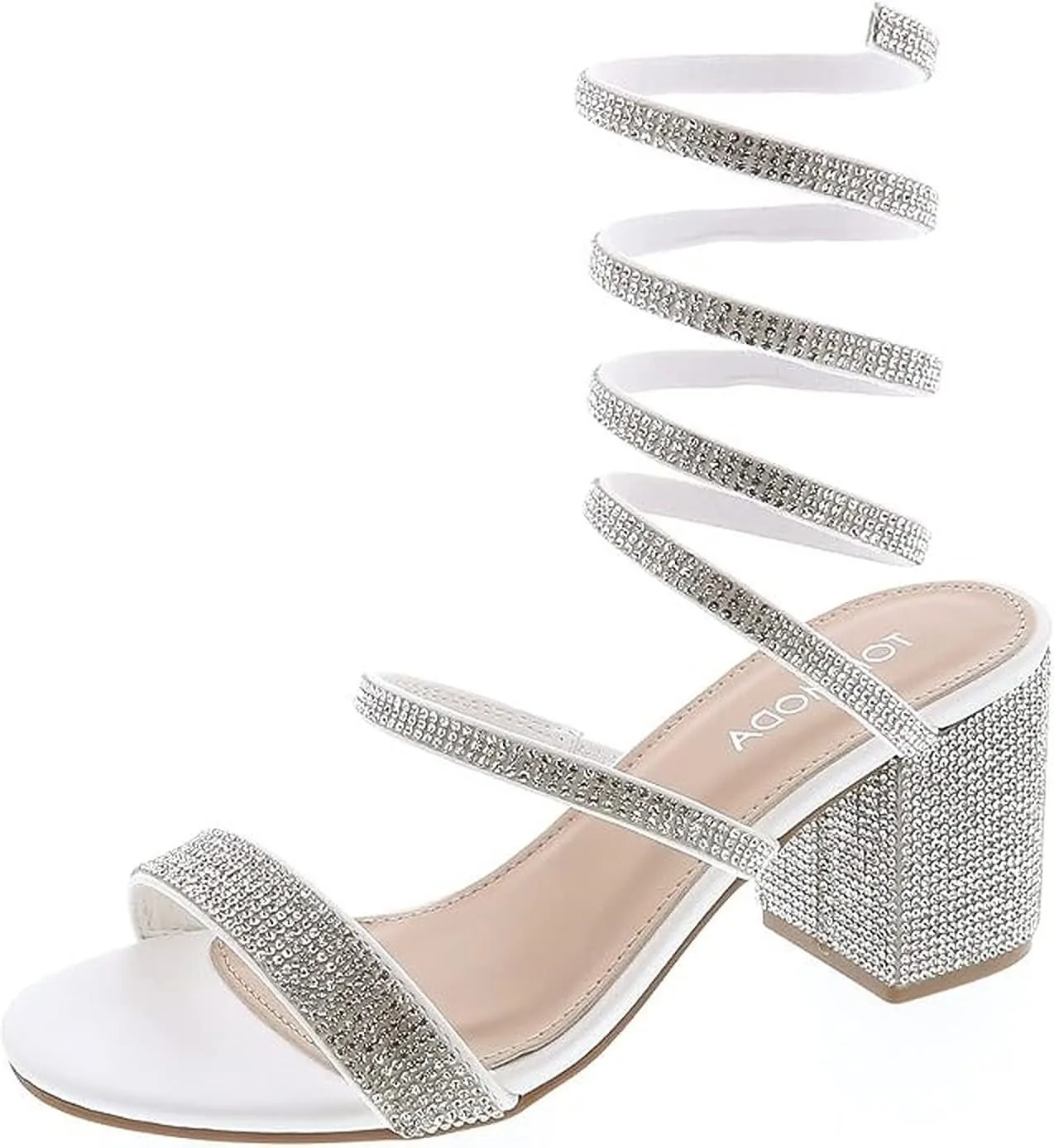 TOP Moda Women's Rhinestone Strappy Spiral Ankle Strap Low Chunky Block Heel Sandals