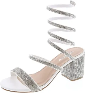 TOP Moda Women's Rhinestone Strappy Spiral Ankle Strap Low Chunky Block Heel Sandals