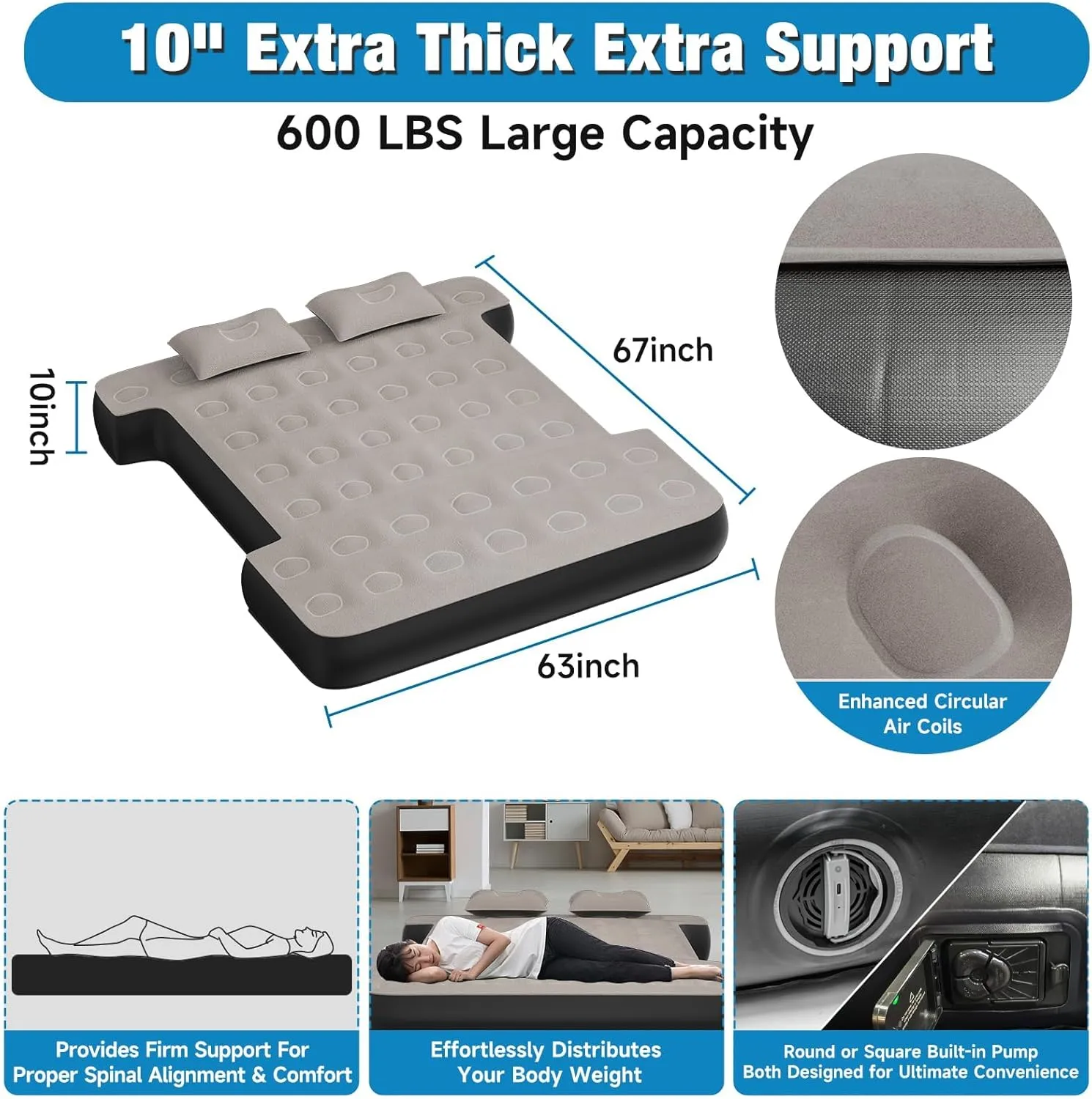 Truck Bed Mattress 5.5-5.8ft: Inflatable Full Size Truck Bed Air Mattress with Wireless Rechargeable Pump, Pickup Mattress with Carry Bag (Khaki)