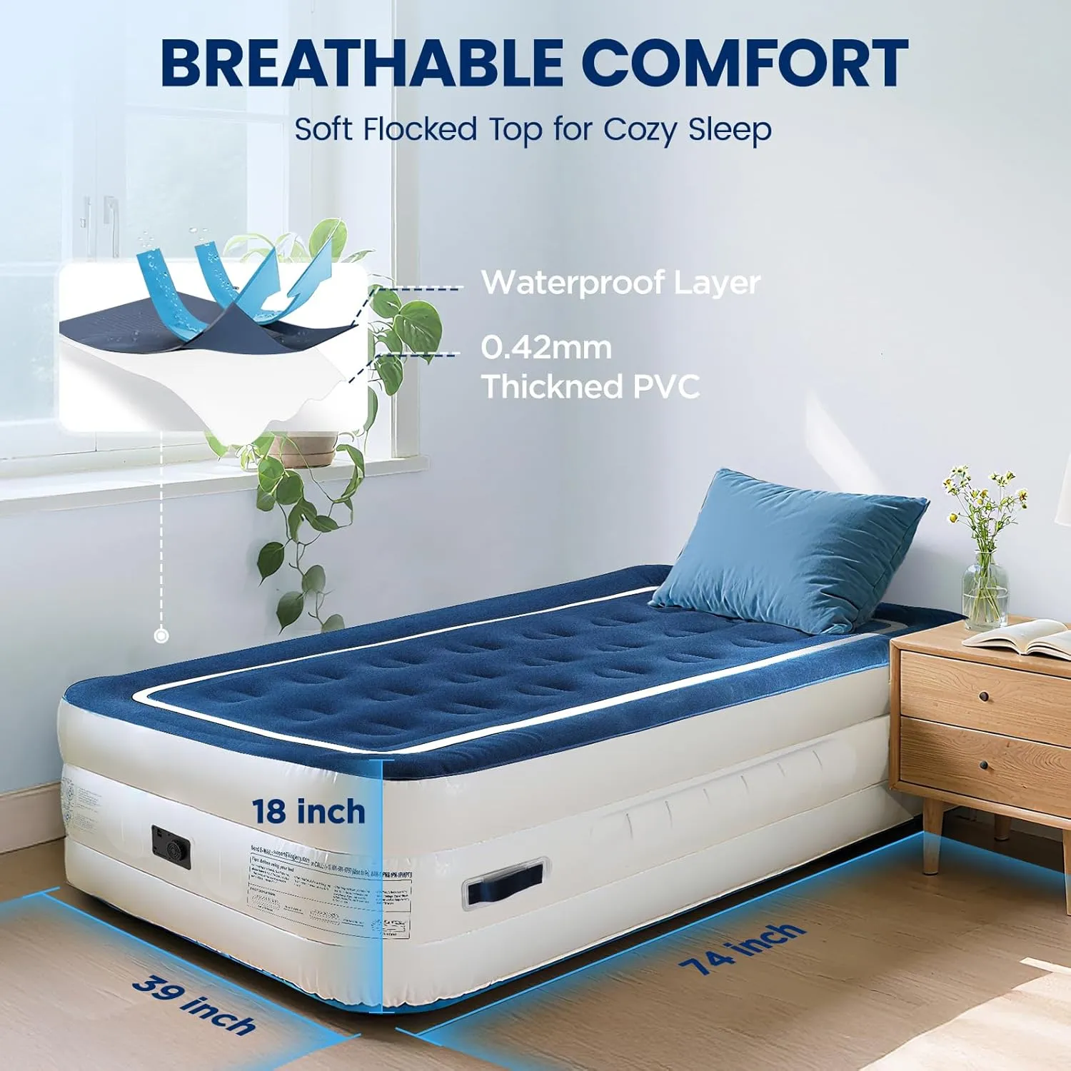 Twin Air Mattress with Built in Pump and 4 Portable Handles, 18" Raised Comfort Blow Up Mattress for Guests, 440lb Support Air Bed with Carry Bags, Heavy Duty Inflatable Bed for Home&Camping