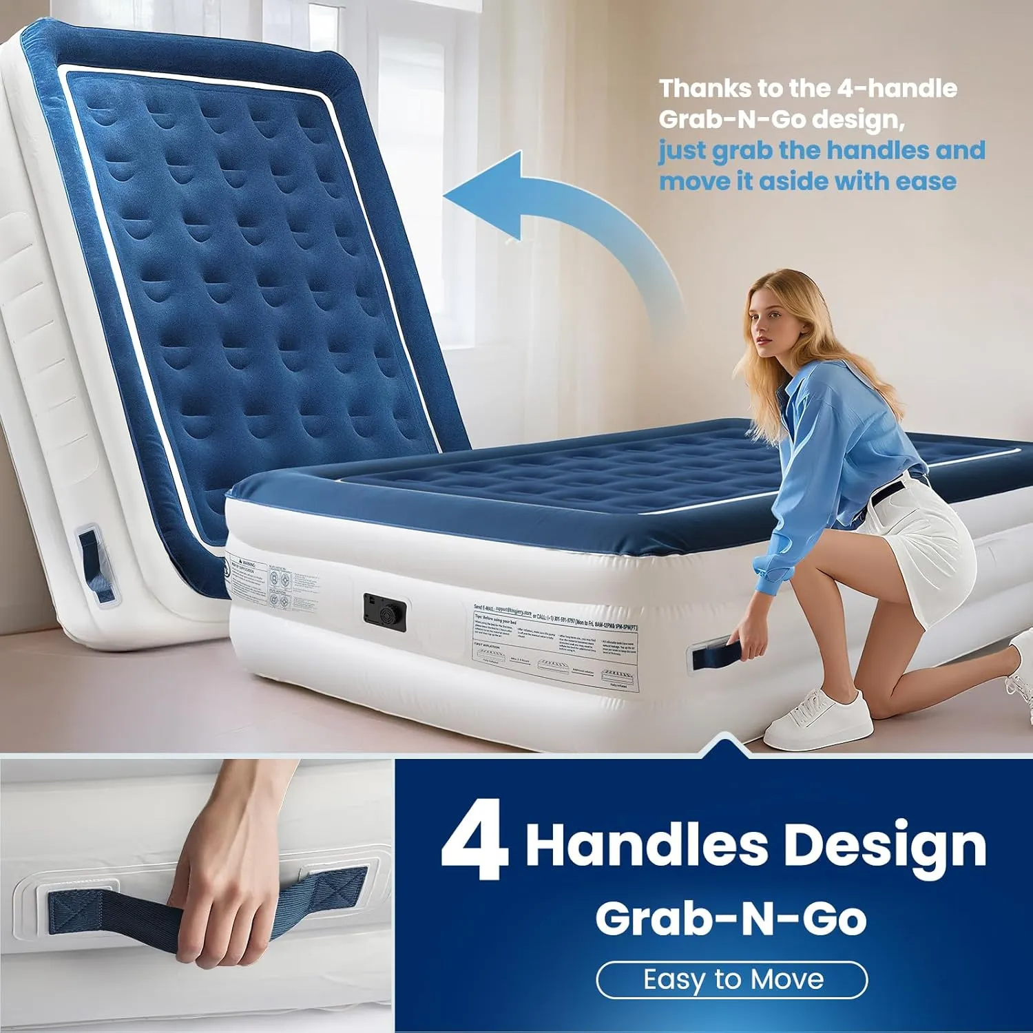 Twin Air Mattress with Built in Pump and 4 Portable Handles, 18" Raised Comfort Blow Up Mattress for Guests, 440lb Support Air Bed with Carry Bags, Heavy Duty Inflatable Bed for Home&Camping