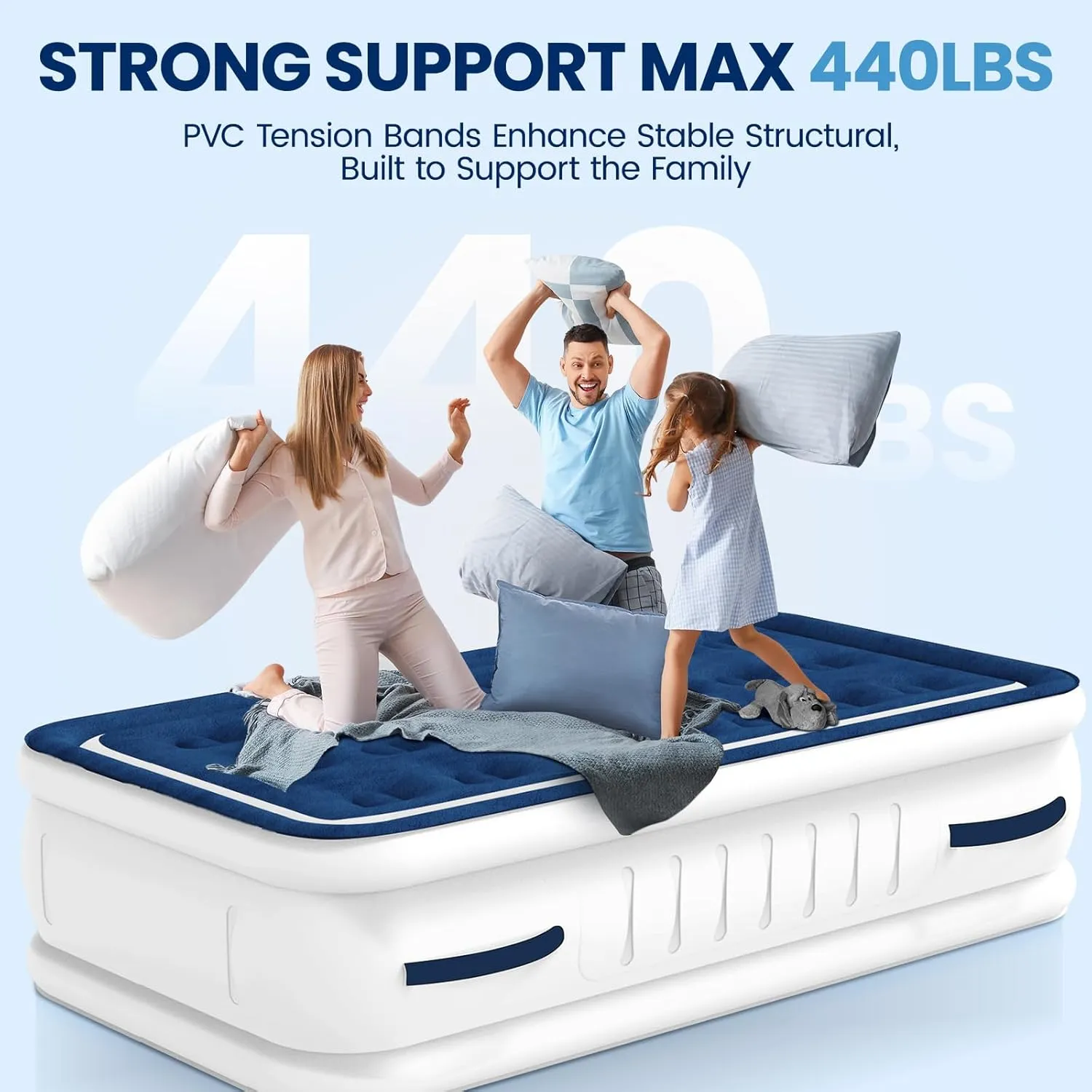 Twin Air Mattress with Built in Pump and 4 Portable Handles, 18" Raised Comfort Blow Up Mattress for Guests, 440lb Support Air Bed with Carry Bags, Heavy Duty Inflatable Bed for Home&Camping