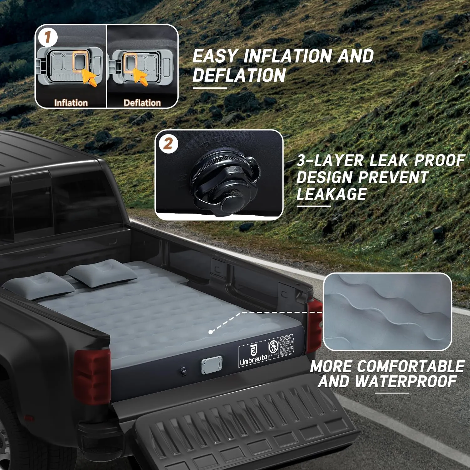 Umbrauto Air Mattress for 5.5-5.8ft Full Size Short Truck Beds, Inflatable Airbed with Rechargeable Wireless Air Pump