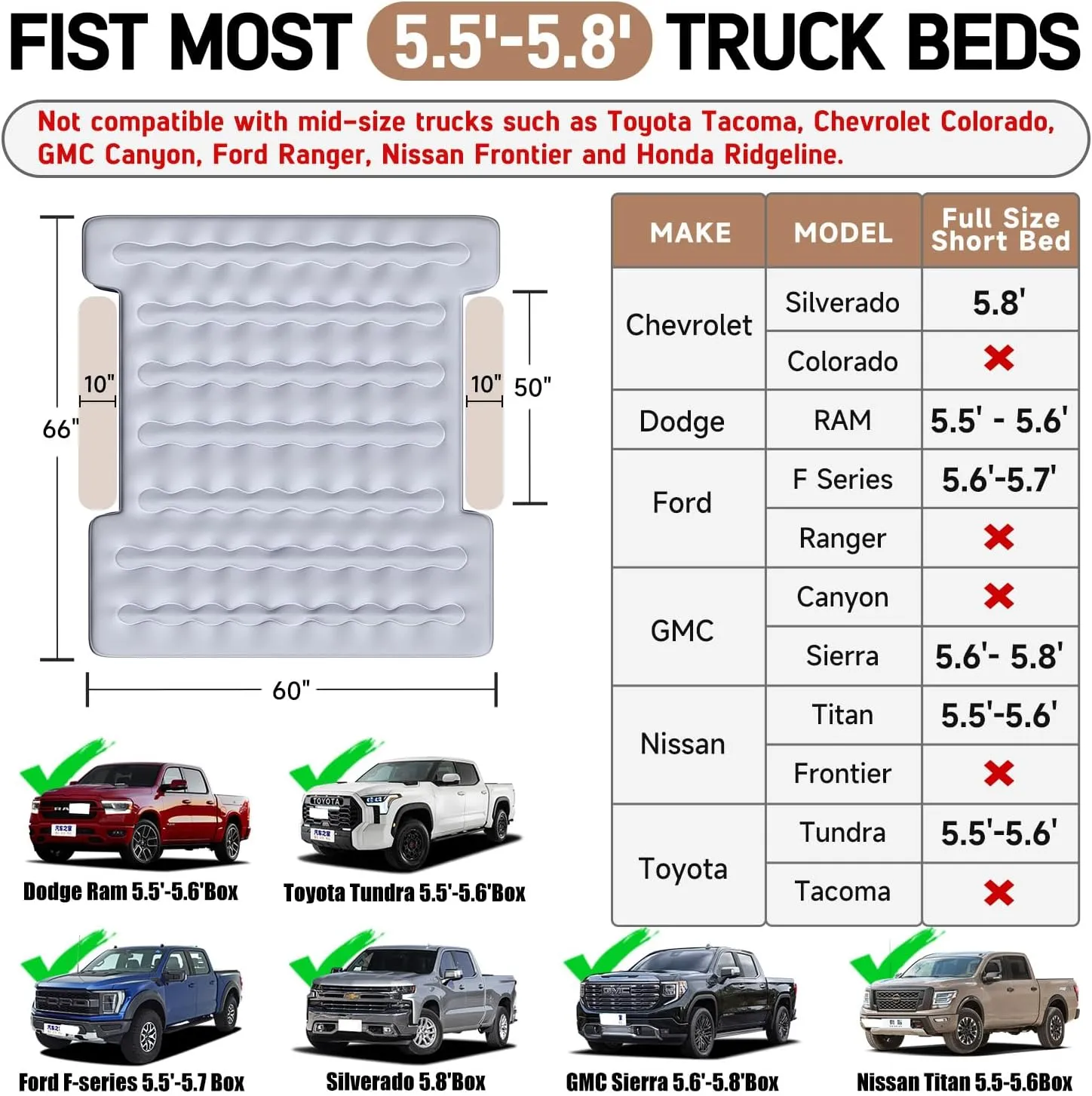 Umbrauto Air Mattress for 5.5-5.8ft Full Size Short Truck Beds, Inflatable Airbed with Rechargeable Wireless Air Pump