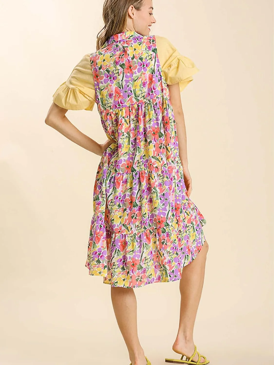 Umgee Womens Floral Print Sleeveless Tiered Midi Dress with High Low Hem