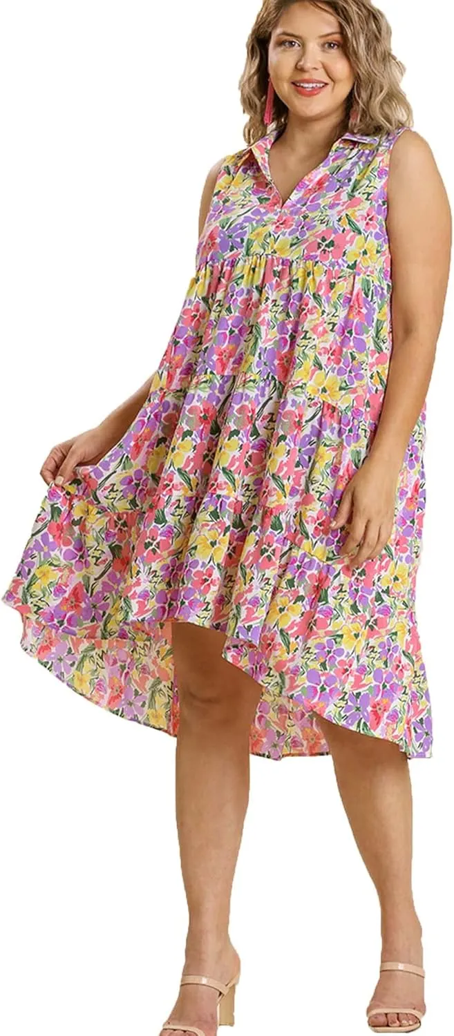 Umgee Womens Floral Print Sleeveless Tiered Midi Dress with High Low Hem