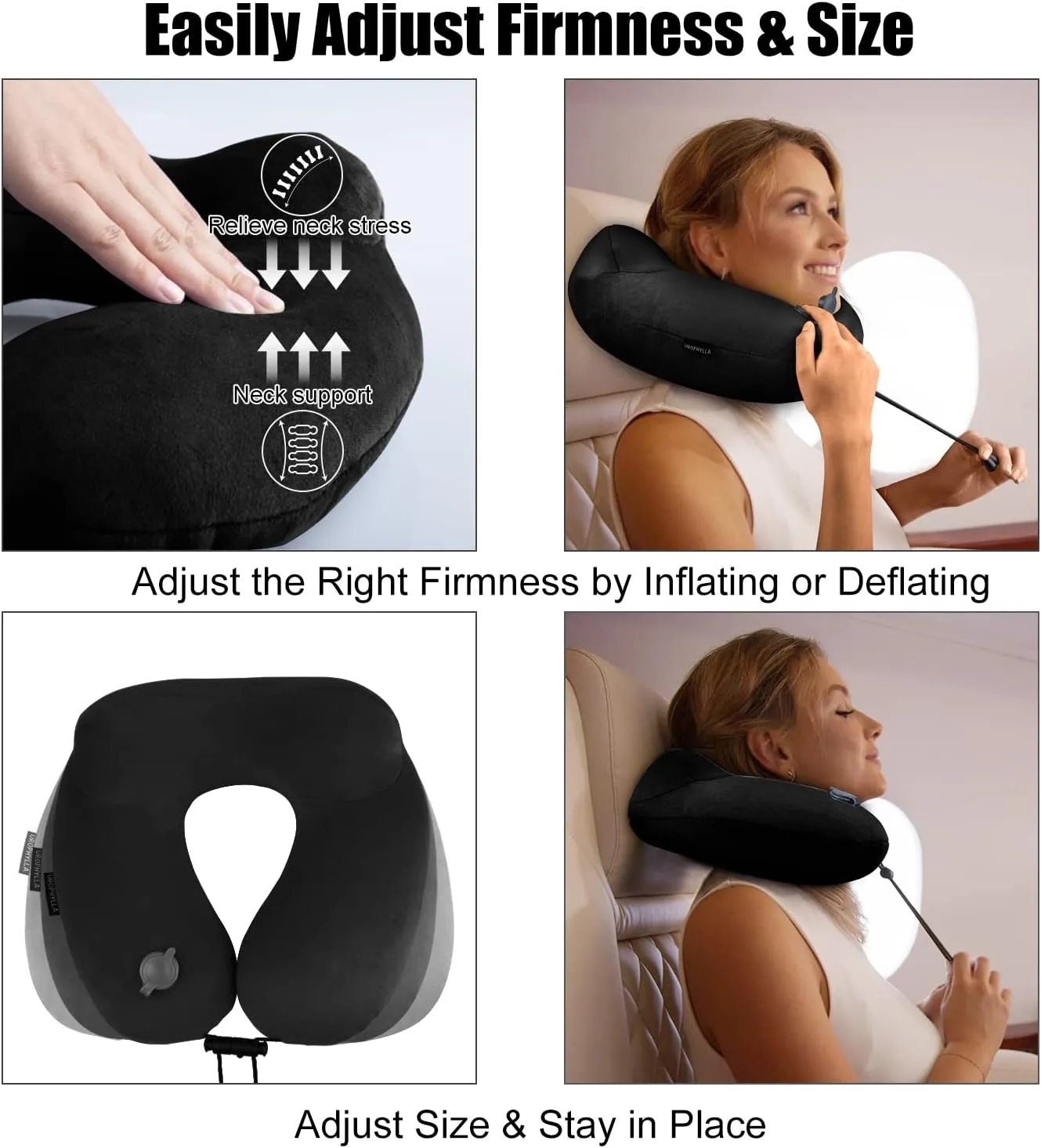 urophylla Compact Travel Neck Pillow for Airplanes, Super Soft Velvet Neck Support, Adjustable Firmness, Inflatable Plane Pillow for Long Flights, Road Trips, Travel Essentials with Eye Mask, Earplug