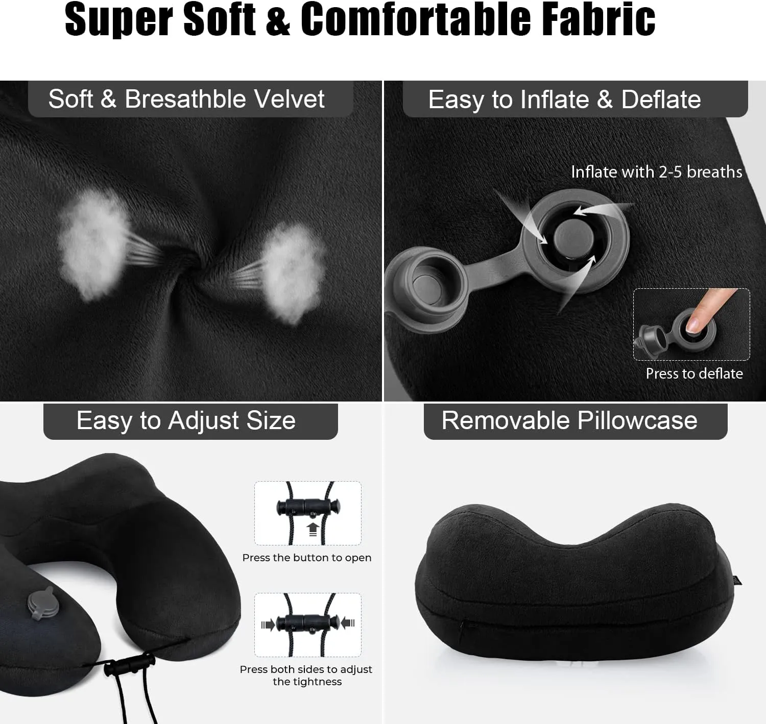 urophylla Compact Travel Neck Pillow for Airplanes, Super Soft Velvet Neck Support, Adjustable Firmness, Inflatable Plane Pillow for Long Flights, Road Trips, Travel Essentials with Eye Mask, Earplug