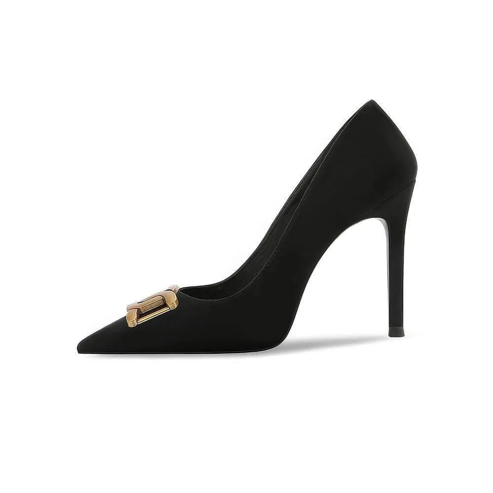 Velvet Pointed Toe Metal Deco Heels