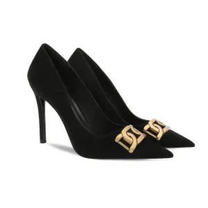 Velvet Pointed Toe Metal Deco Heels