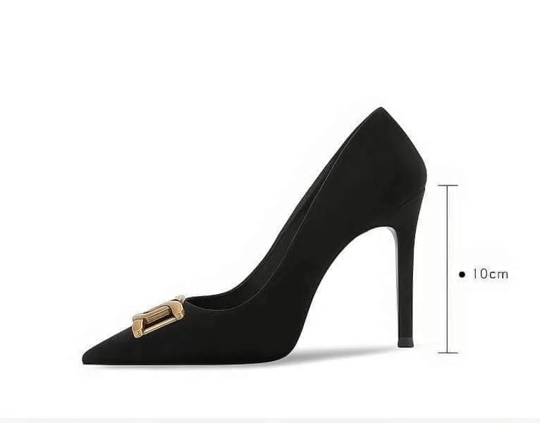 Velvet Pointed Toe Metal Deco Heels