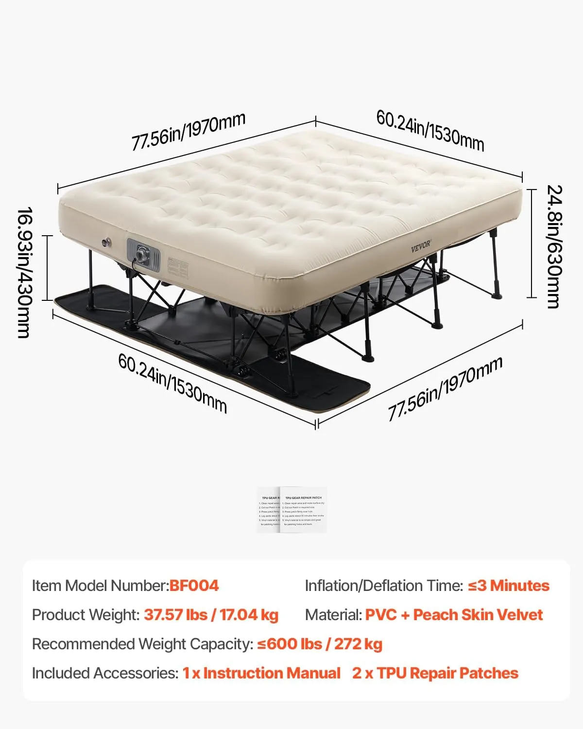 VEVOR Air Mattress with Frame, Inflatable 2 Person Camping Cot with Built-in Pump, Portable Folding Air Beds Supports 600 lbs, Blow Up Anywhere Bed for Guests Camping Travel Indoor & Outdoor Use