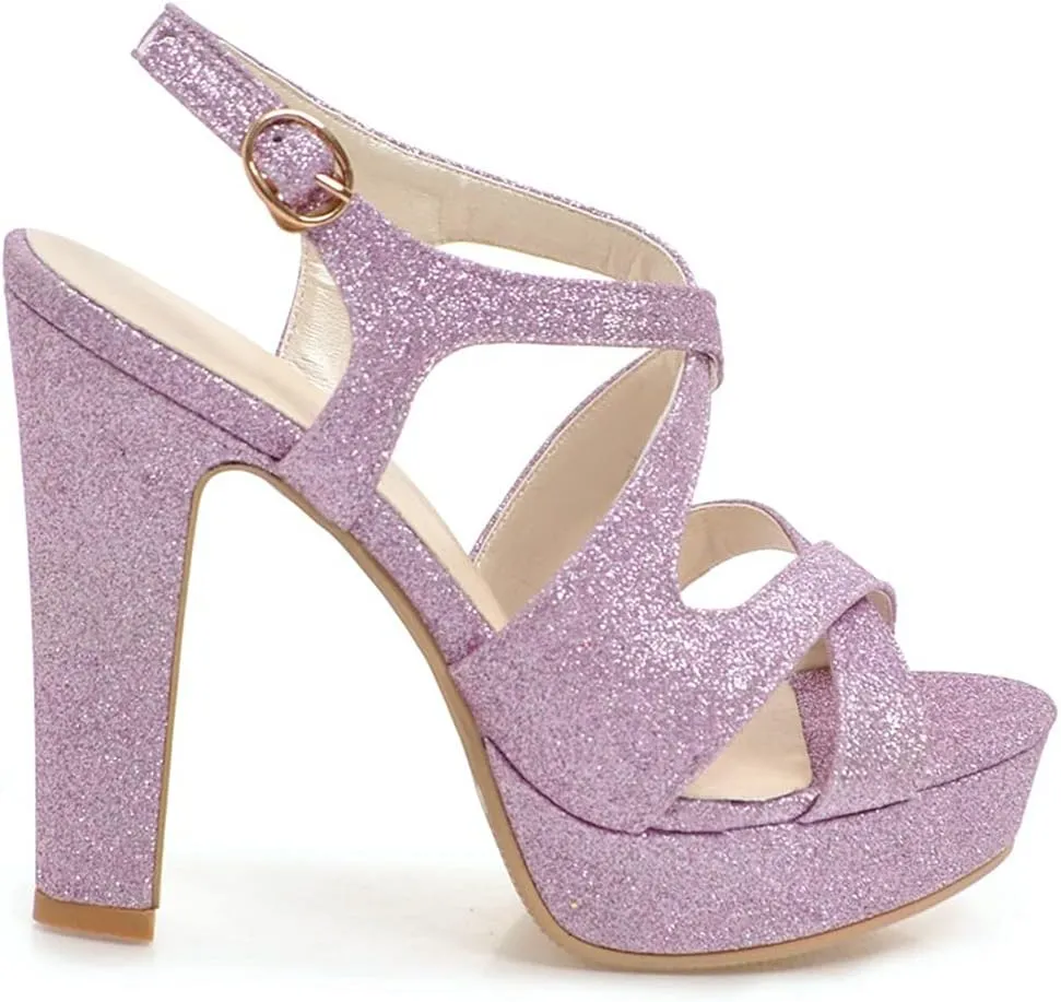 VOKLIN MISTU Women's Peep Toe Platform High Heel Sandals Glitter Cross Strappy Slingback Pump Dress Heeled Sandal