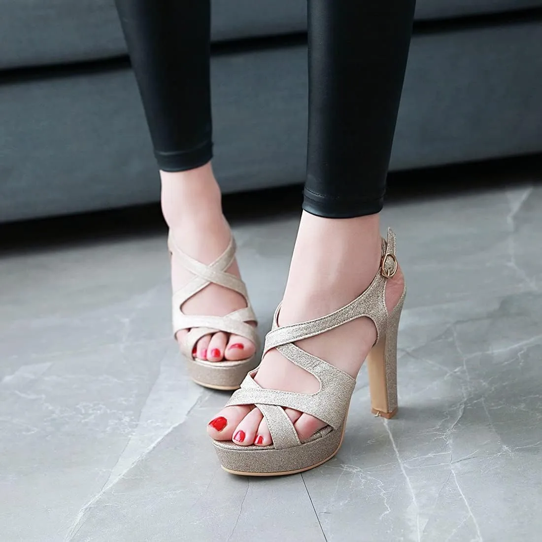 VOKLIN MISTU Women's Peep Toe Platform High Heel Sandals Glitter Cross Strappy Slingback Pump Dress Heeled Sandal
