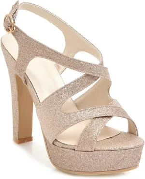 VOKLIN MISTU Women's Peep Toe Platform High Heel Sandals Glitter Cross Strappy Slingback Pump Dress Heeled Sandal