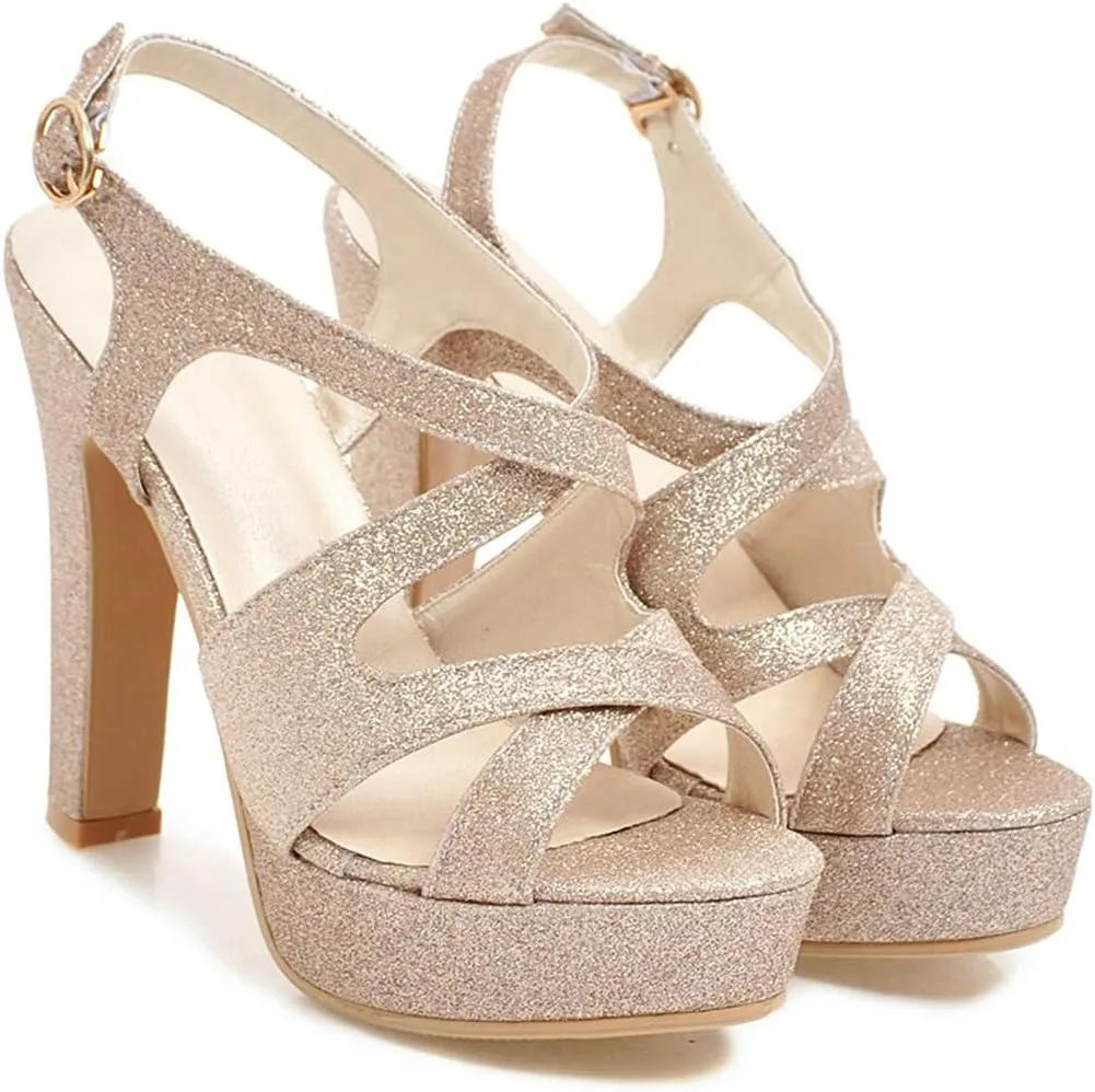 VOKLIN MISTU Women's Peep Toe Platform High Heel Sandals Glitter Cross Strappy Slingback Pump Dress Heeled Sandal
