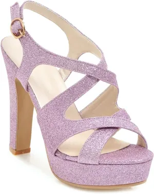 VOKLIN MISTU Women's Peep Toe Platform High Heel Sandals Glitter Cross Strappy Slingback Pump Dress Heeled Sandal