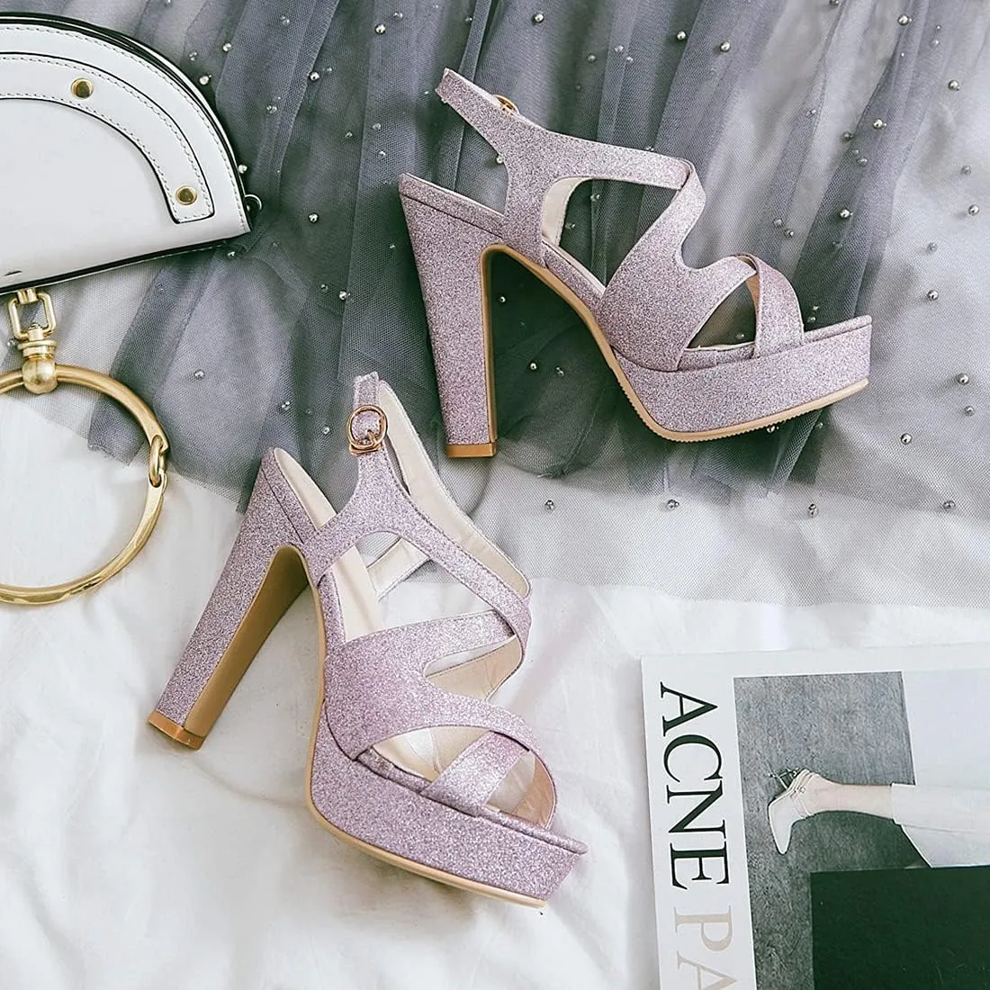 VOKLIN MISTU Women's Peep Toe Platform High Heel Sandals Glitter Cross Strappy Slingback Pump Dress Heeled Sandal