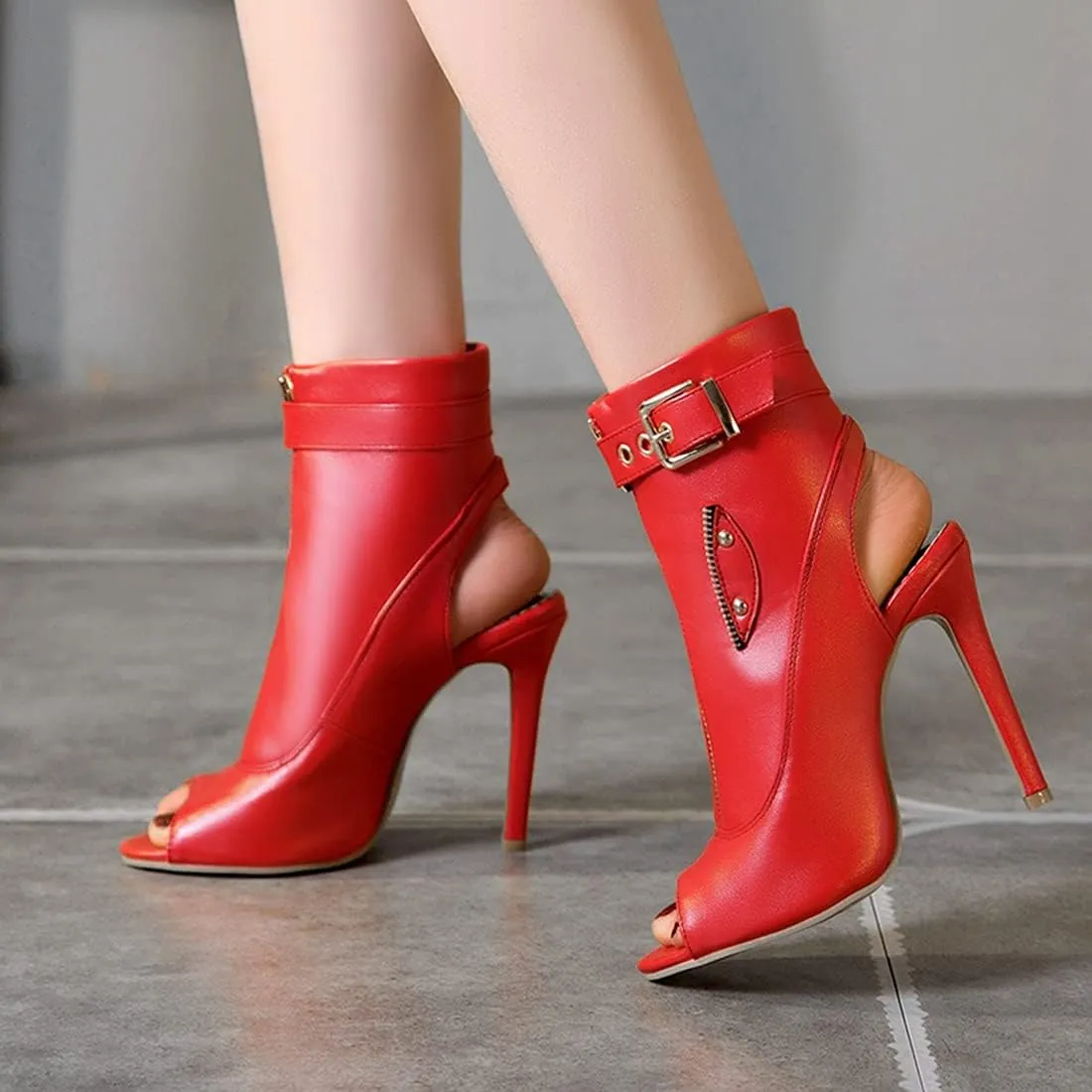 VOKLIN Women's Fashion Peep Toe Stiletto High Heel Sandals Buckle Zipper Party Pump Dress Heeled Sandal Booties