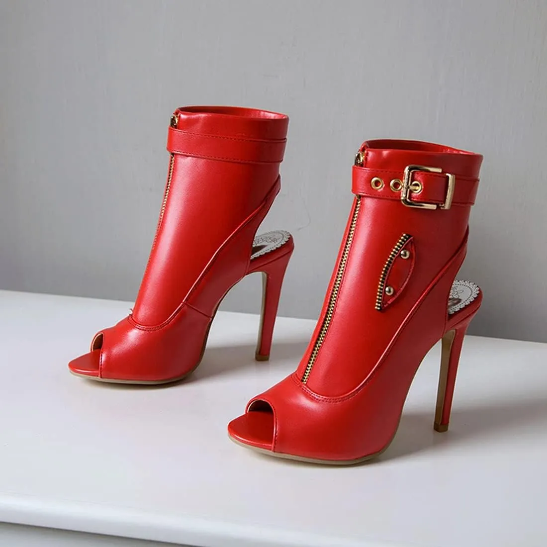 VOKLIN Women's Fashion Peep Toe Stiletto High Heel Sandals Buckle Zipper Party Pump Dress Heeled Sandal Booties