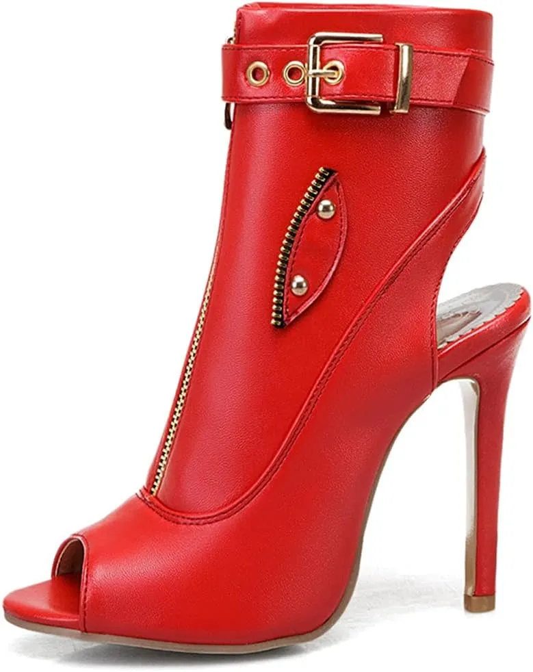 VOKLIN Women's Fashion Peep Toe Stiletto High Heel Sandals Buckle Zipper Party Pump Dress Heeled Sandal Booties